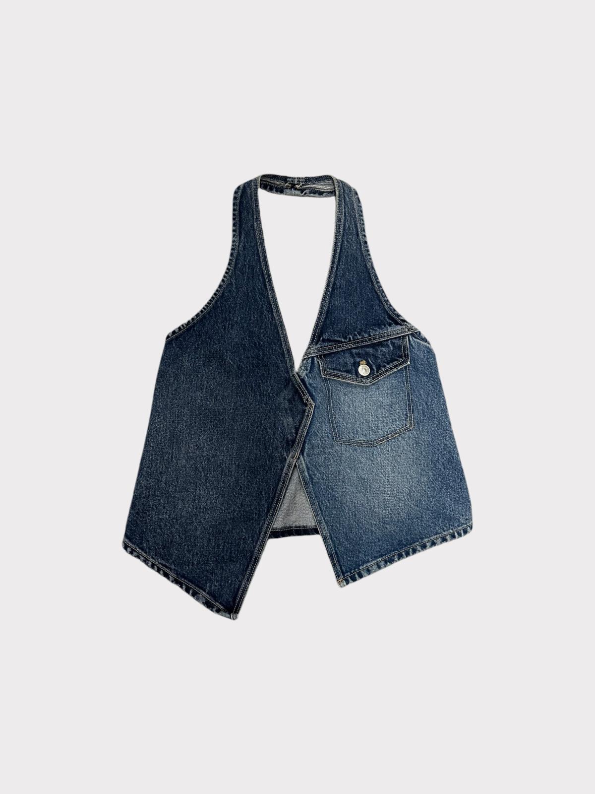 Zara Denim Halter Neck Top With Front Split