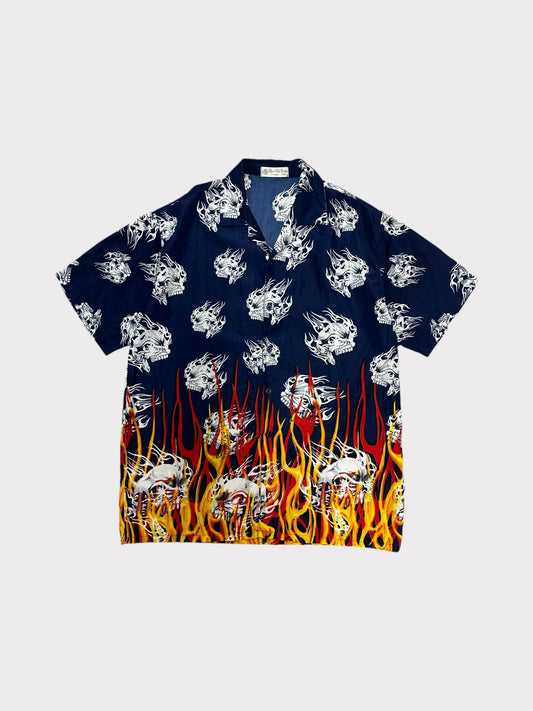 Guo Zhi Ting Skull & Fire Printed Shirt