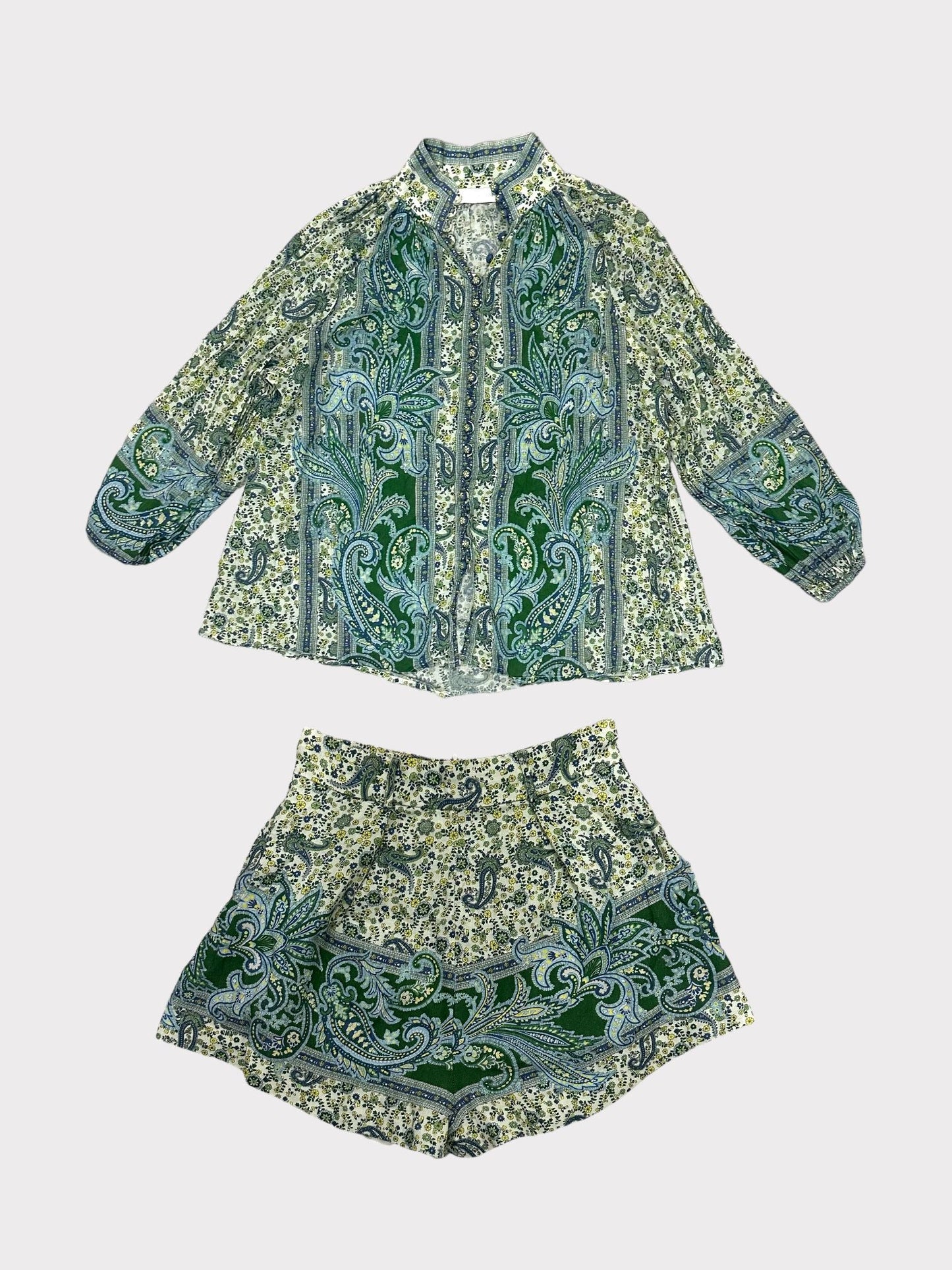 Zimmermann Paisley Print Shirt & Short Set in Blue & Green