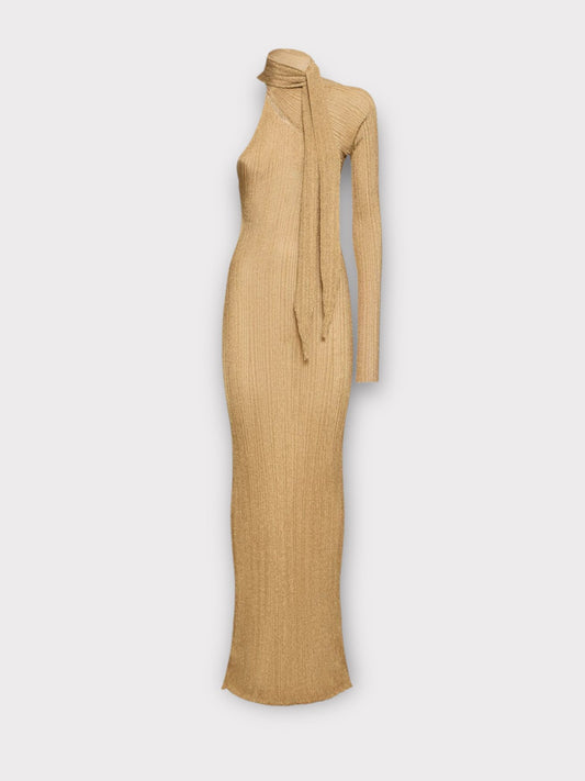 Paco Rabanne Gold Knitted One Shoulder Maxi Dress