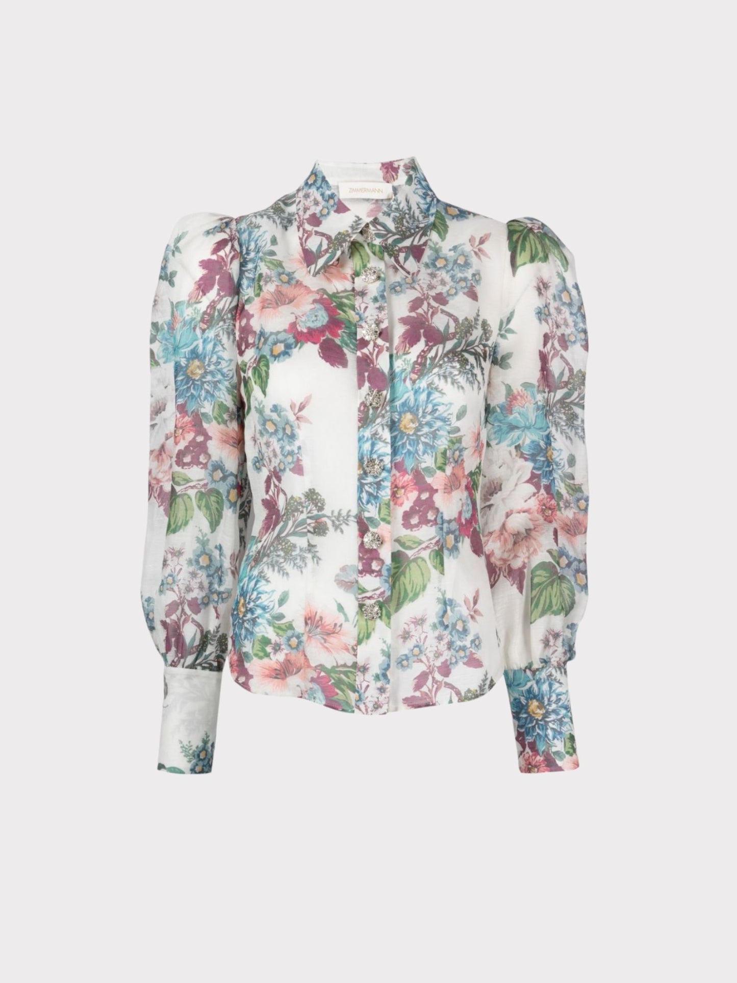 Zimmermann Floral Puff Shoulder Blouse with Diamanté Buttons