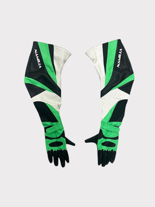 Namalia Long Biker Style Green, Black and White Gloves